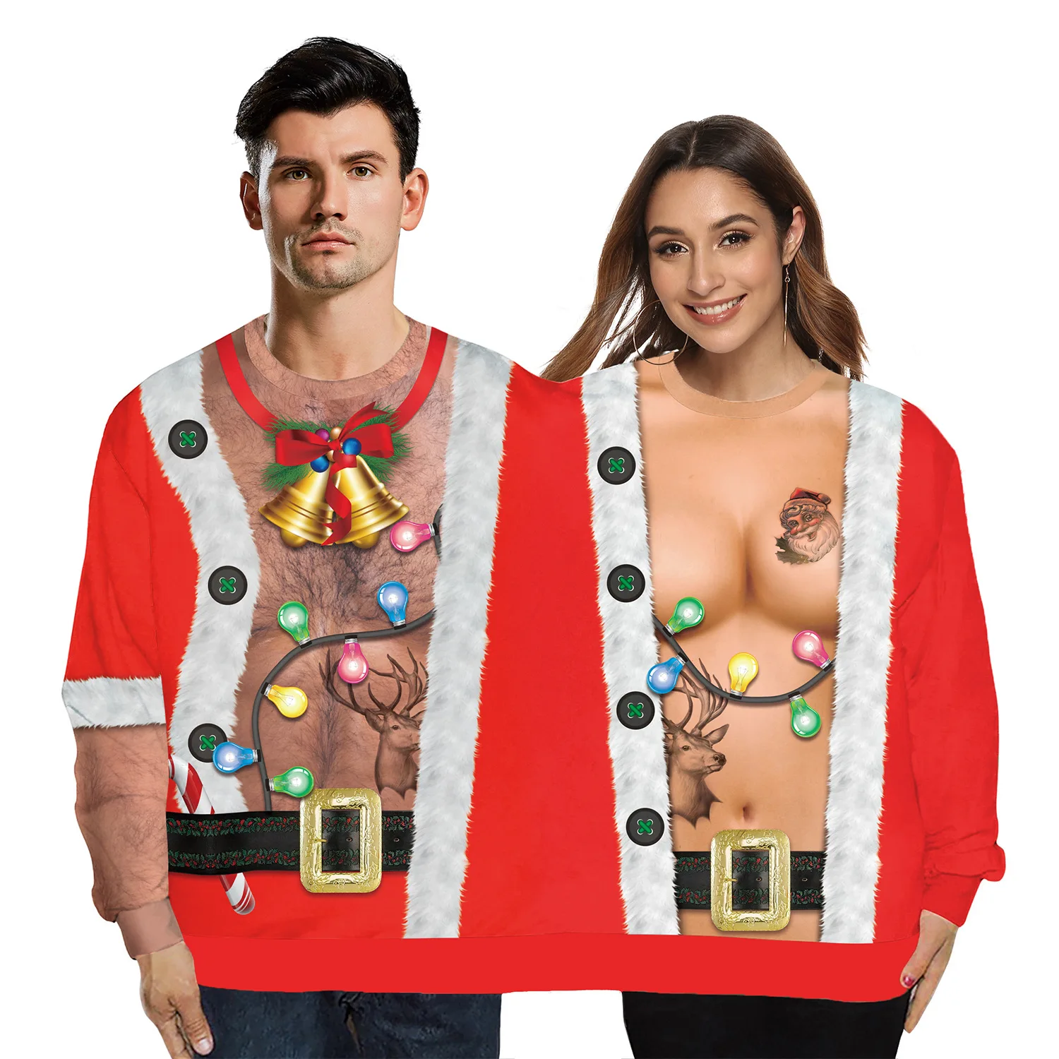 Couples Novelty Christmas Costumes Funny Tops Two Person Unisex Pullover Sweater Male Xmas Prank Adult Couples Party Costume - Цвет: Бежевый