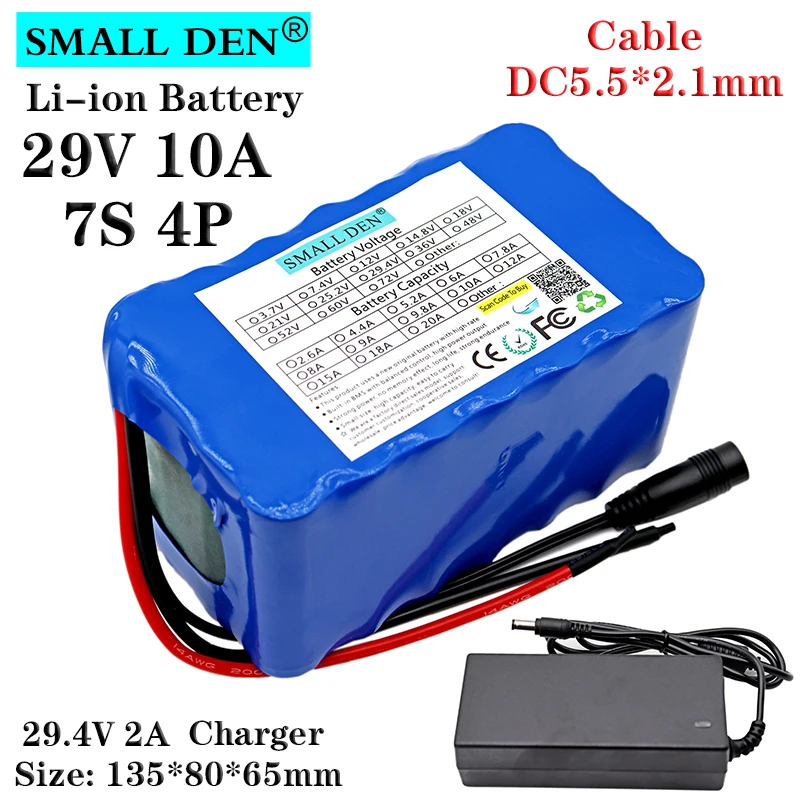 

29V 10Ah 18650 lithium ion battery pack 7S4P 24V Electric bicycle motor/scooter rechargeable battery with 15A BMS +29.4V Charger