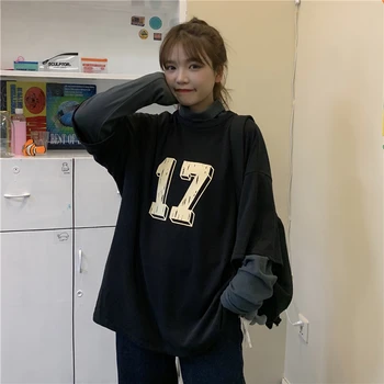 

PX2802 2020 autumn and winter Korean version loose thick high collar fake two-piece letter T-shirt women