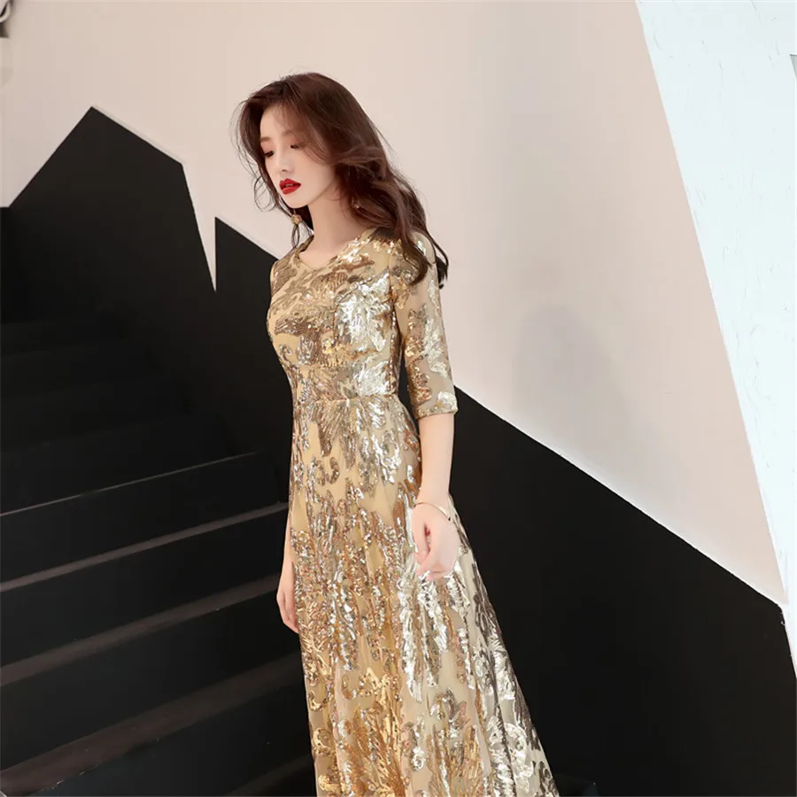 It's Yiiya Evening Dresses Long Half Sleeve Gold Sequins Formal Dress For Girls O-neck Plus Size robe de soiree E1402