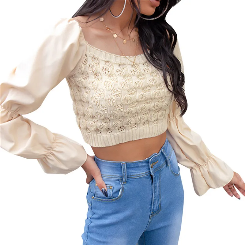 

Women's Knit Patchwork Fake Two-Piece Tops Slim Fit Lantern Sleeved Shirt Tide Turtleneck Pullovers Sweater Tops