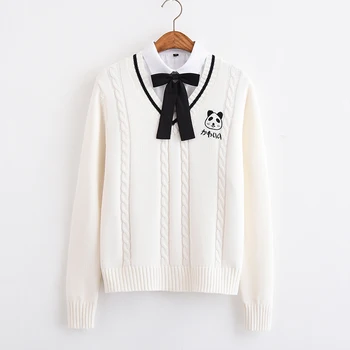 

Autumn Winter Women Panda Embroidery Sweater Coat Girl Student JK School Uniform Couple Loose Pullover Knitten Tops Preppy Style