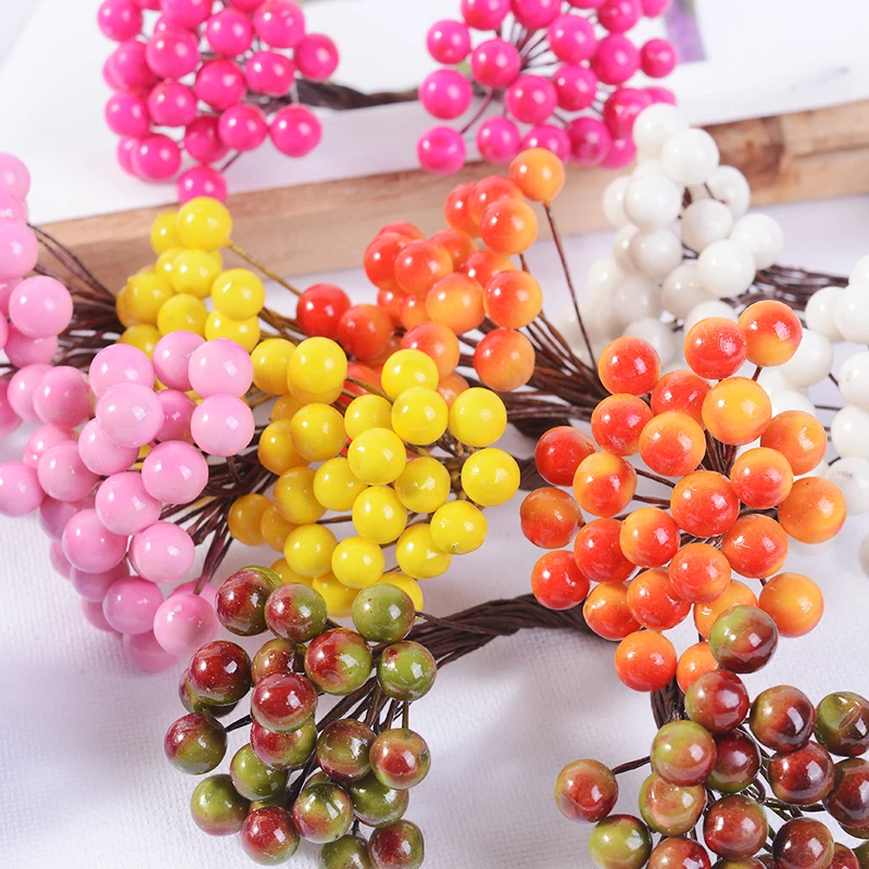 Artificial Flowers 25pcs 50heads Artificial Flower Christmas Berry Bacca For Wedding Decoration DIY Scrapbooking Decorative Wreath Fake Flowers
