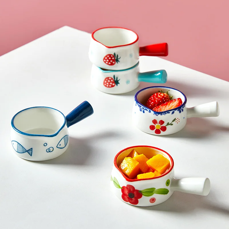 Ceramic Milk Pot 50ML Cooking Non-stick Mini Milk Pot Cookware Cute Strawberry Jug with Handle Salad Dipping Dishes