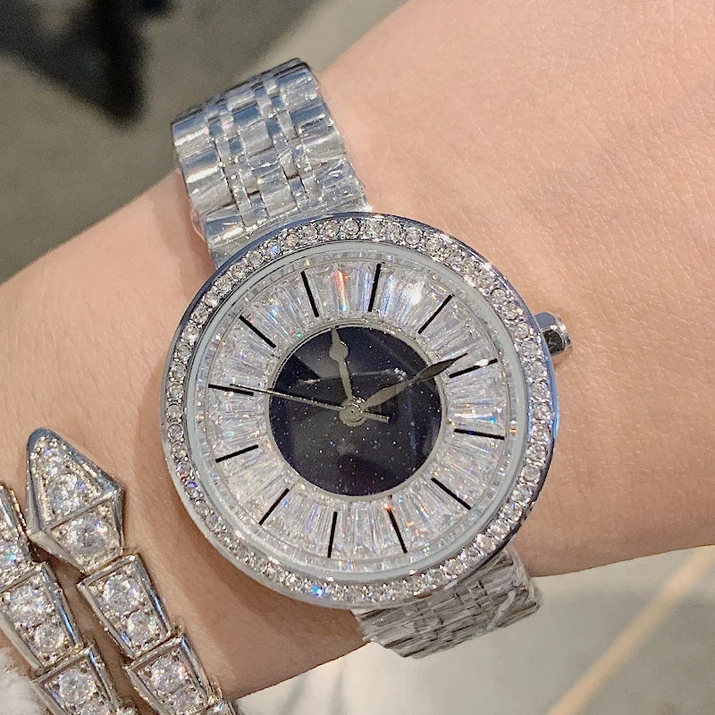 Ограниченная серия, Брендовые женские часы, модные женские нарядные часы, роскошные часы с австрийскими кристаллами, повседневные женские часы с бриллиантами - Цвет: Silver black face