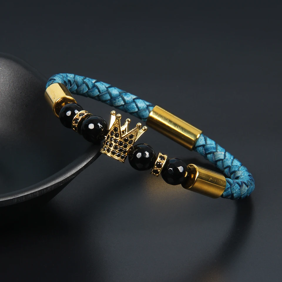 Ailatu Men's New Cz Crown Bracelet Genuine Blue Cowhide Leather Stainless steel Gold Beads Magnetic Clasp Vintage Male Bangle