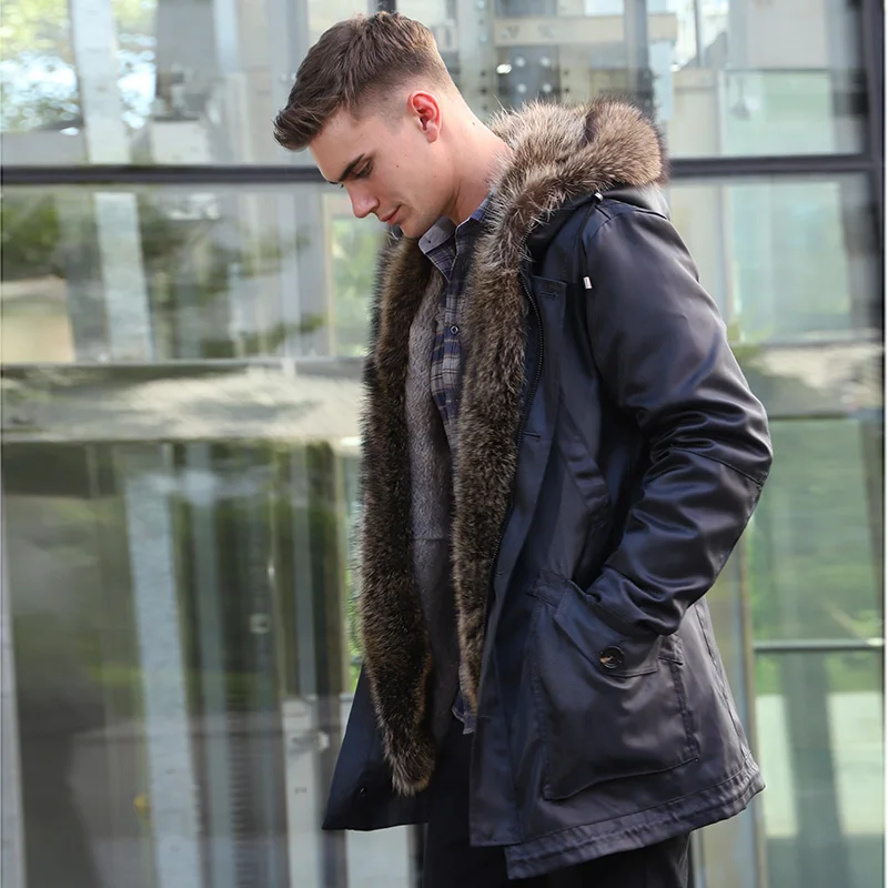 Rabbit fur lined bomber jacket men's natural winter coat - Main Image