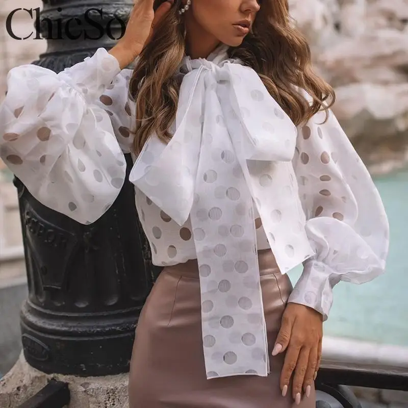 MissyChilli, галстук-бабочка, в горошек, Офисная белая блузка, рубашка для женщин, рукав-фонарик, сетчатый топ в горошек, рубашка, весенние, сексуальные, элегантные, вечерние, топ, рубашка