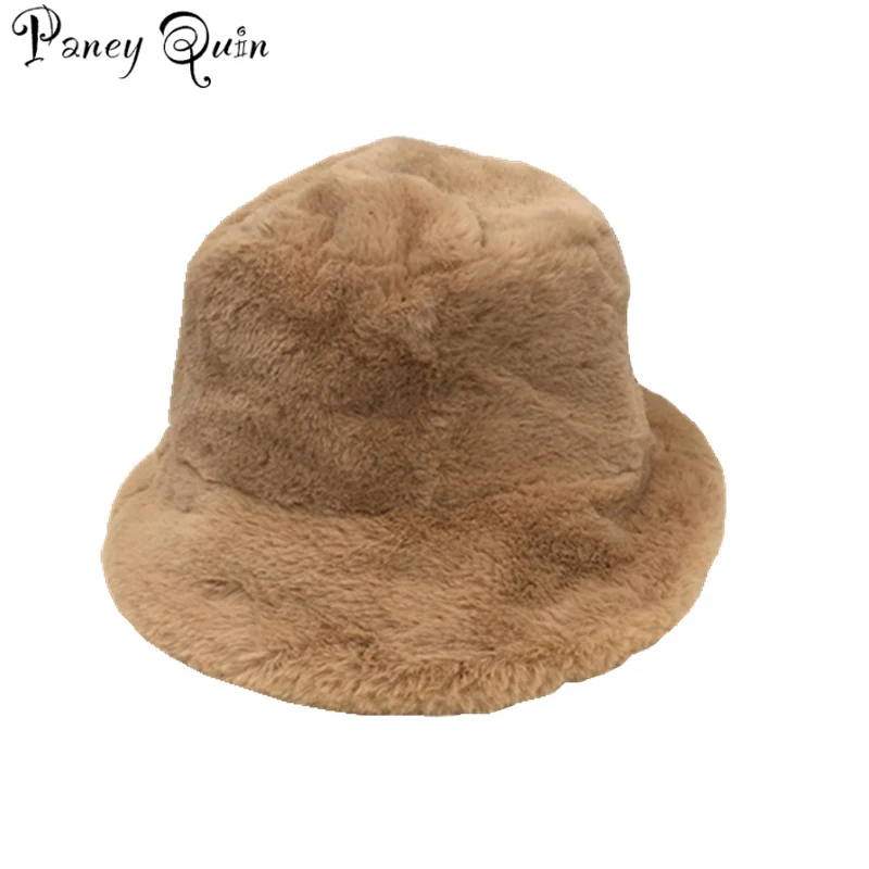 Прямая поставка, новая модель, плоская плюшевая шапка-ведро, женская зимняя однотонная теплая меховая шапка в рыбацком стиле, теплые большие шапки, шапки-ведро