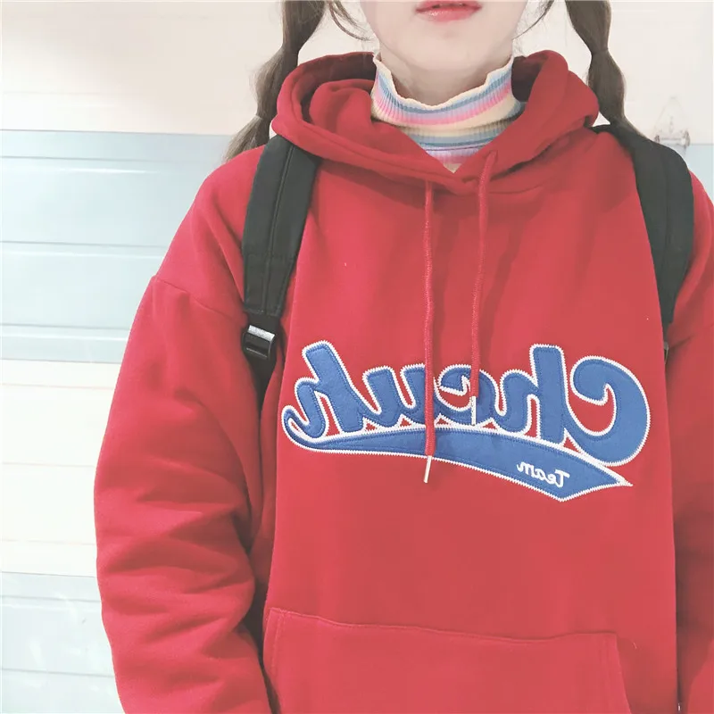 Корейская девушка многоцветная вышивка буквы с капюшоном плисовые толстовки студенты Харадзюку Свободные толстовки женские пуловеры Топы