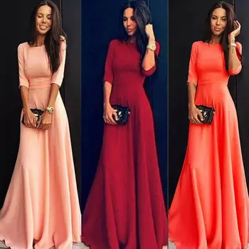 

hirigin Womens Half Sleeve O Neck Solid Color Long Maxi Dress Long Sleeve Evening Party Summer Beach Sundress