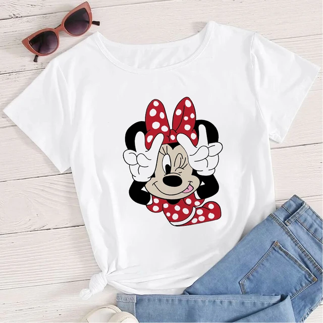 Women's Clothing Summer 2022 Mickey Minnie Mouse Disney Short Sleeve T-shirts for Girls Funny Fashion Streetwear Woman Shirt 12-20AC3014-T-White