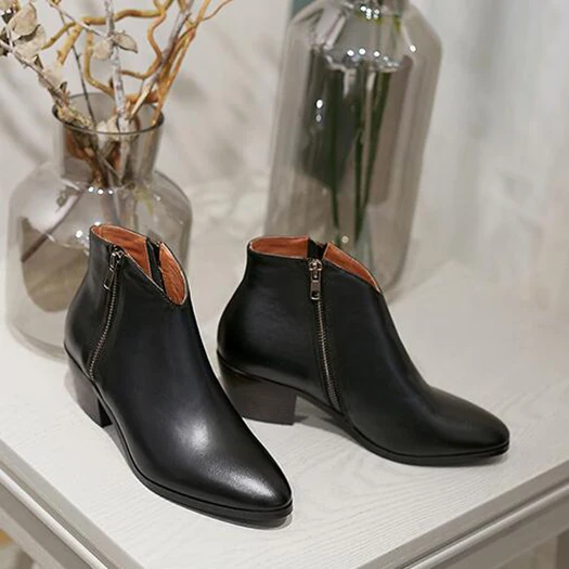 Черный block ankle winter side zip boots genuine leather fall chunky booties pointed toe autumn fur brand brown size 4 shoes women - Цвет: Черный