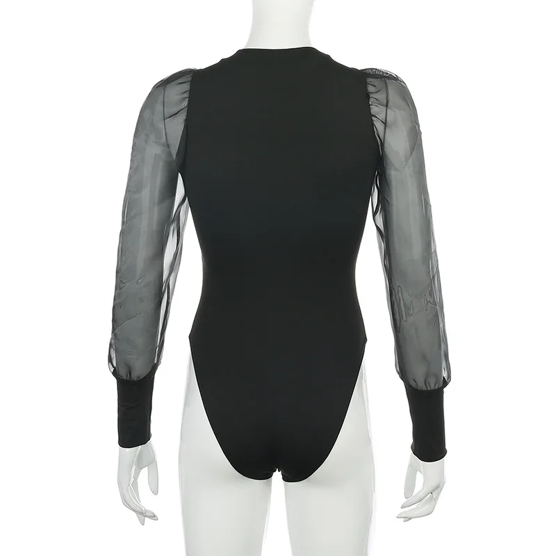 Meyoung, сетчатый сексуальный боди для женщин, боди, Комбинезоны на молнии спереди, с длинным рукавом, Облегающий комбинезон, Femme Body Mujer, женская одежда черного цвета