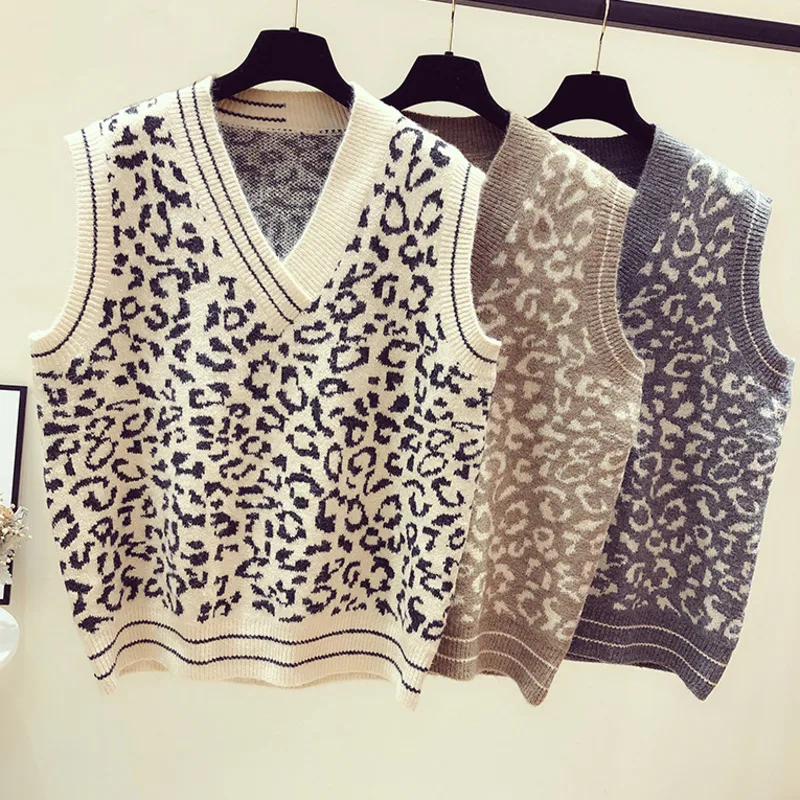 

Leopard Print Sweater Vest Women V Neck Knitted Vest 2021 Autumn Fall Basic Sleeveless Jacquard Pullovers Fashion Sueter Mujer