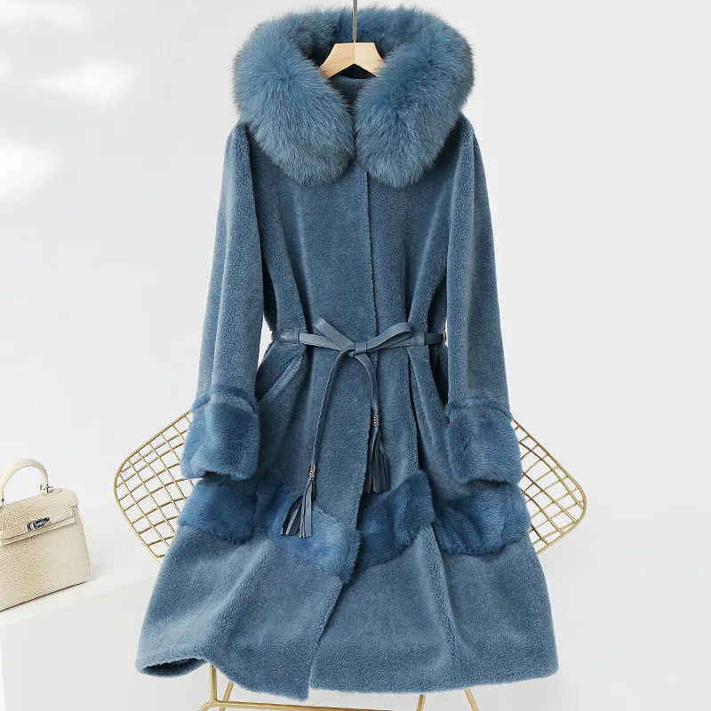 Blue Зимний натуральный мех, пальто для женщин, Натуральная шерсть, куртка женская, большой Лисий мех, одежда с капюшоном, винтажная овечья стрижка, пальто Hiver 014 - Цвет: Blue