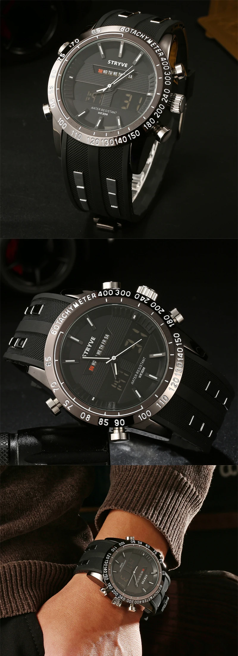 STRYVE Casual Watch Men Sport LED Digital Watch Waterproof Quartz Watches Men Luxury Brand Steel Band Relogio Masculino Clock