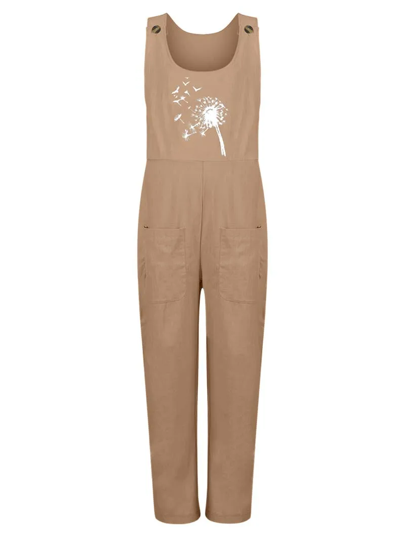 Womens Dungarees Print Rompers 2021 Summer New Ladies Casual Loose Linen Cotton Jumpsuit Sleeveless Pocket Overalls Playsuit