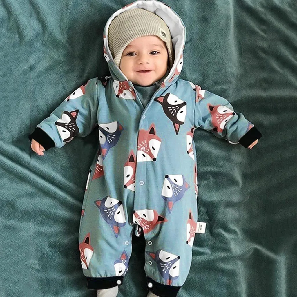 

2019 fashion child toddler baby girl cartoon print fox print hooded autumn and winter romper romper cotton jumpsuit neonato 40*