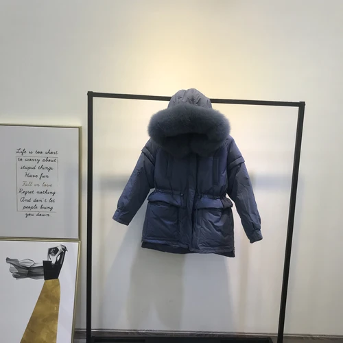 AYUNSUE зимняя куртка на утином пуху для женщин с капюшоном и лисьим меховым воротником пуховое пальто женские пуховики парки Femme KJ3342 - Цвет: Blue