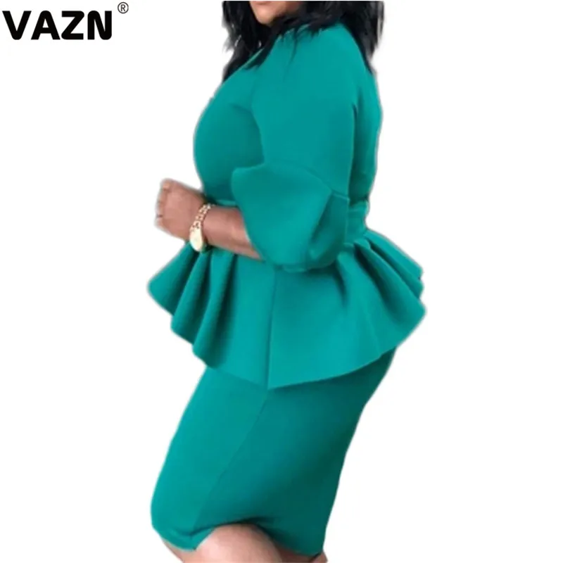 VAZN JLY19027 осеннее платье размера плюс, зеленый цвет, для зрелых лет, повседневное сексуальное модное платье средней длины с коротким рукавом и высокой талией