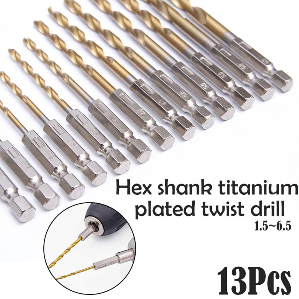 

13pcs/lot HSS High Speed Steel Titanium Coated Drill Bit Set 1/4 Hex Shank 1.5-6.5mm Hexagonal Handle Twist Drill