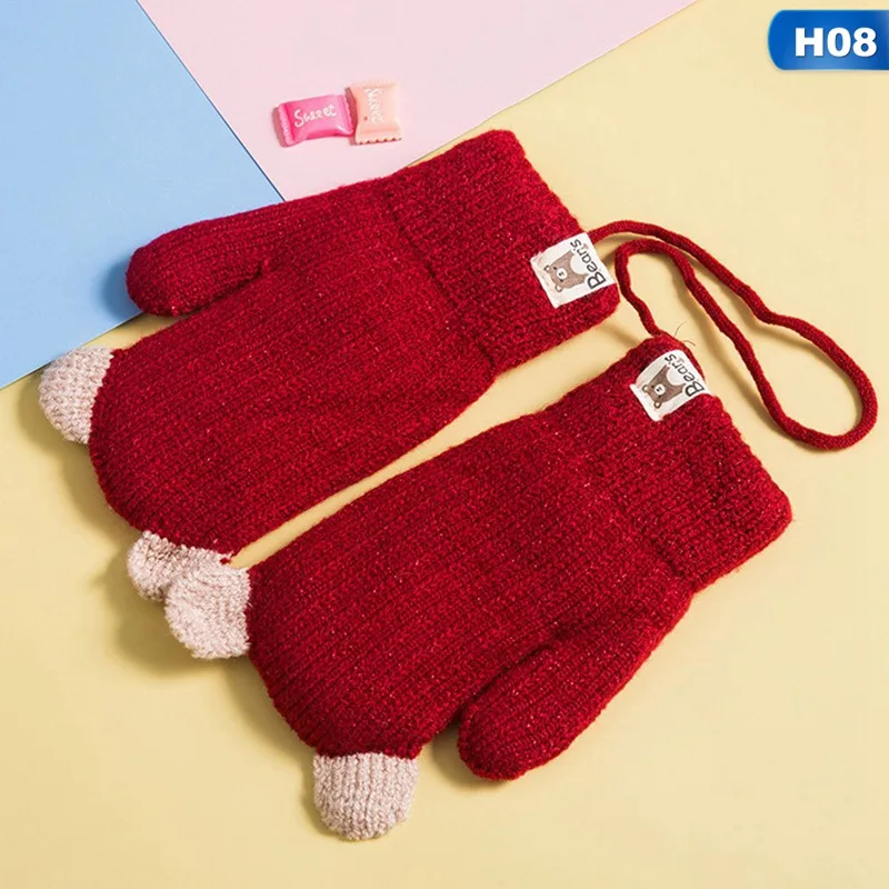 H08 1 пара милых детских перчаток с рисунками из мультфильмов, зимние бархатные плотные теплые перчатки для мальчиков и девочек, шерстяные вязаные детские варежки на палец - Цвет: H08
