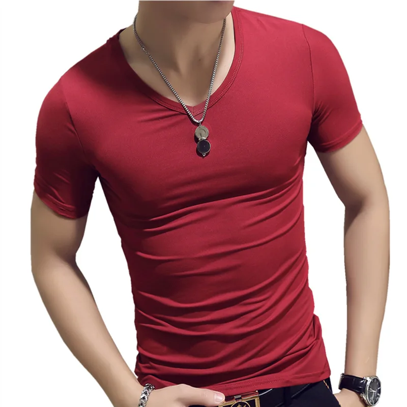 2019 New Summer Solid Men's T-shirt Fashion V Neck Short Sleeve T Shirt Men Clothing Trend Casual Slim Fit Top Tees | Мужская одежда