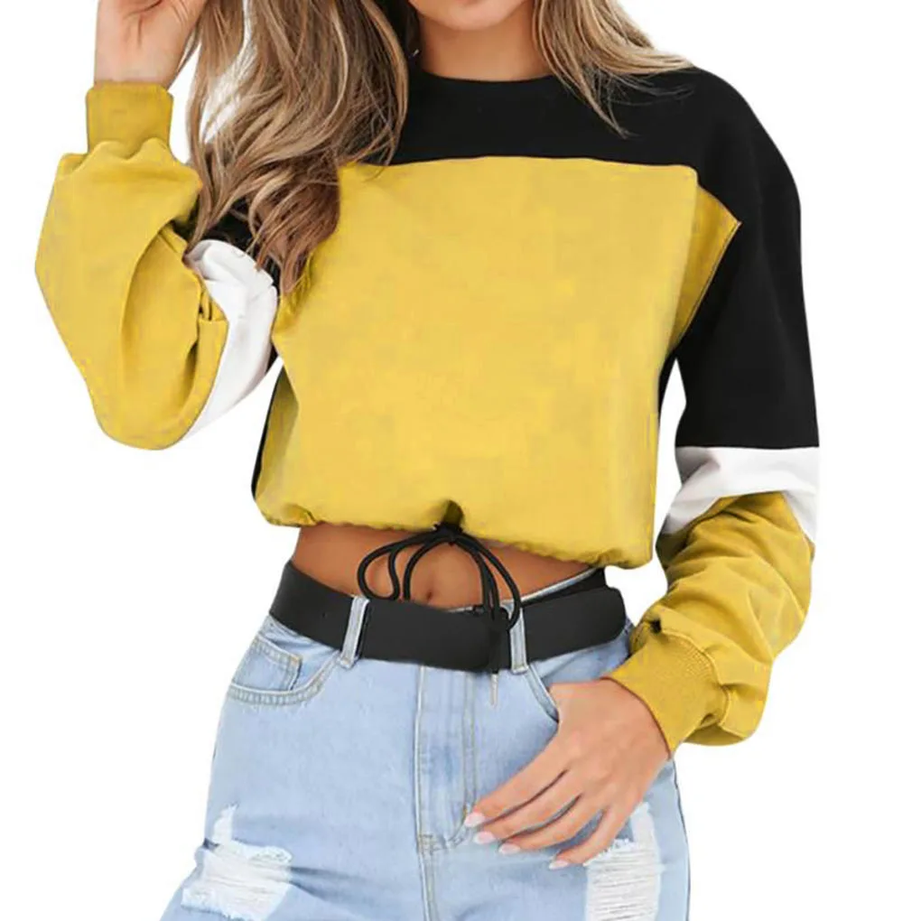 

New Fashion Women Round Neck Sweatshirt Autumn Winter Long Sleeve Drawstring Hem Color Block Crop Top Pullover