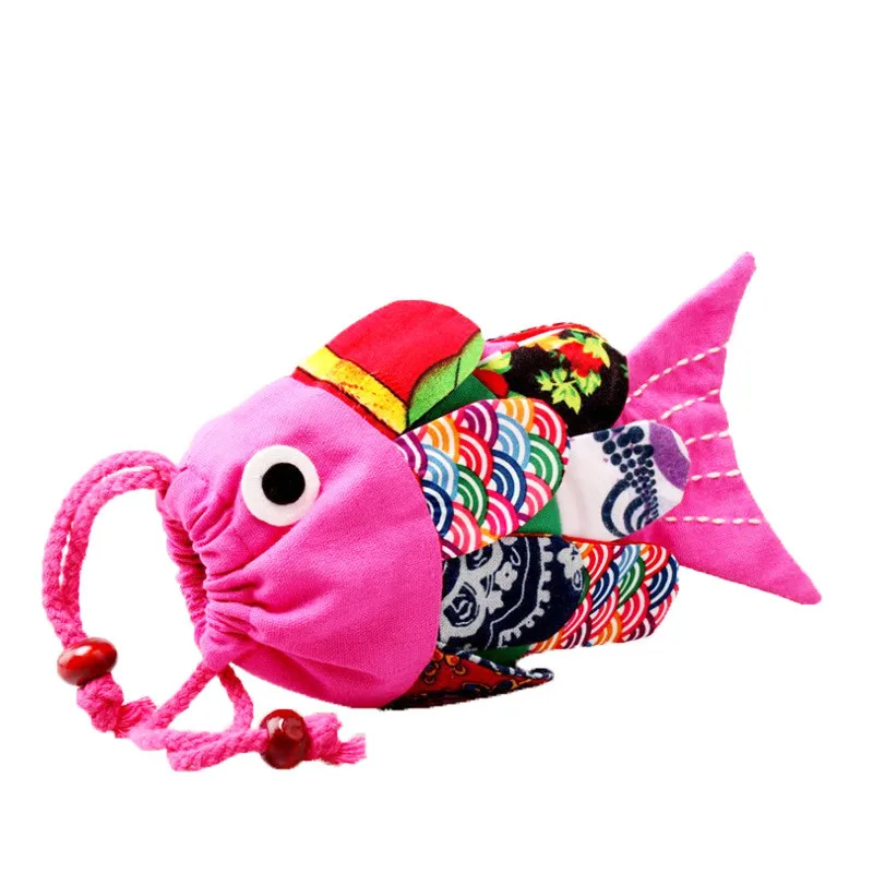 

10 PCS Handmade coin purse, ethnic style cartoon fish cotton linen messenger bag, drawstring pocket factory direct sales