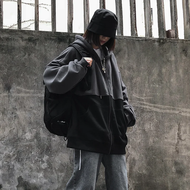 Женская Осенняя мода, корейский стиль, Harajuku, длинный рукав, Ретро стиль, контрастный цвет, флисовая подкладка, негабаритная молния, Повседневная Женская куртка
