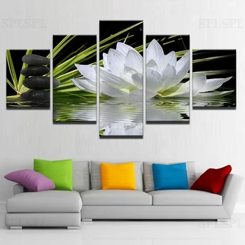 

Canvas HD Prints Paintings For Living Room Wall Art 5 Pieces White Lotus Stones Flowers Posters Lake Water Pictures Home Decor
