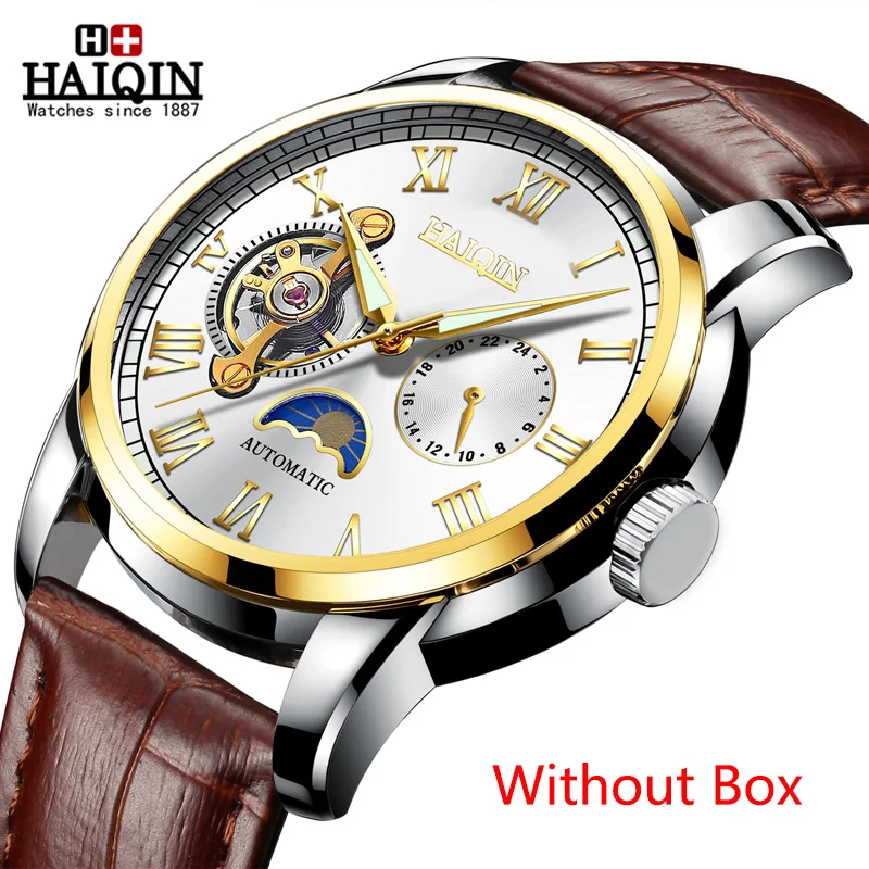 Gold White No Box Новинка HAIQIN, мужские механические часы, автоматические мужские часы, Топ бренд, роскошные часы, мужские наручные часы в Военном Стиле, Relogio Masculino - Цвет: Gold White No Box