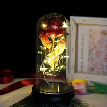 

New 11Gold Foil Rose Flower with Fair LED Light String Wooden Base in Glass Bottle Valentine's Day Female Lover Gift