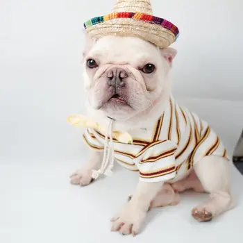 

Adjustable Chin Strap Set Sun Hat For Pets Dog Cat Decor Handmade Straw Cap Dog Rattan Woven Hats And Neckerchief