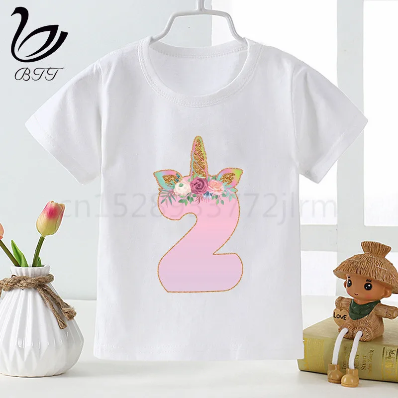 Детская футболка с изображением Number1-9 и единорога на день рождения; детская футболка с принтом с героями мультфильмов; Забавные топы для детей; одежда для малышей - Цвет: B