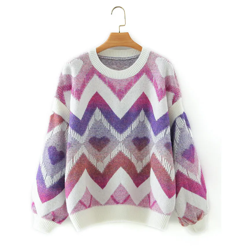 

Fashion Christmas Sweater Women Winter Warm Soft Pullover O-Neck Drop Shoulder Balloon Sleeve Jumper Mujer Purple Wave Knitwear