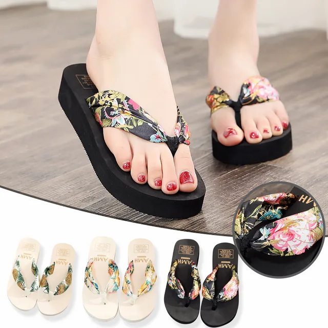 Summer Flip Flops Women Designer Bohemian Satin Slippers Thick-Sole Slope with Flip Flops Beach Shoes Slippers 1
