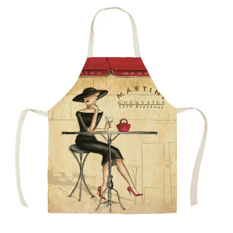 Linen Fashion Woman Print Kitchen Aprons Unisex Dinner Party Cooking Bib Funny Pinafore Cleaning Apron WQC293
