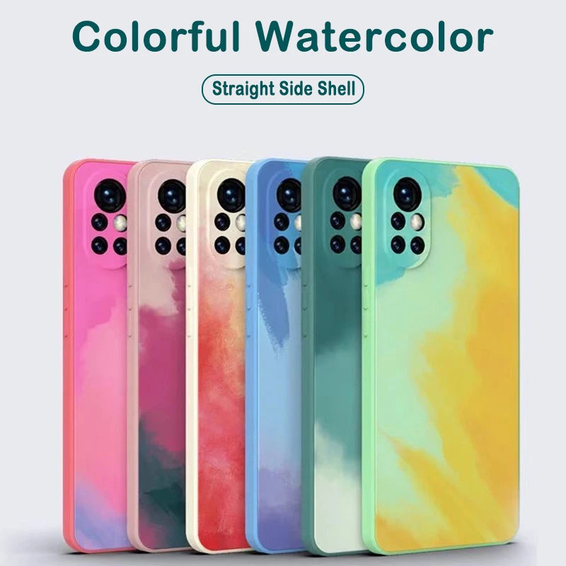Gradient Watercolor Painting Square Liquid Silicone Phone Case For Huawei P40 P30 Mate 40 30 Pro Nova 7 8 SE Honor 30S V30 | Мобильные