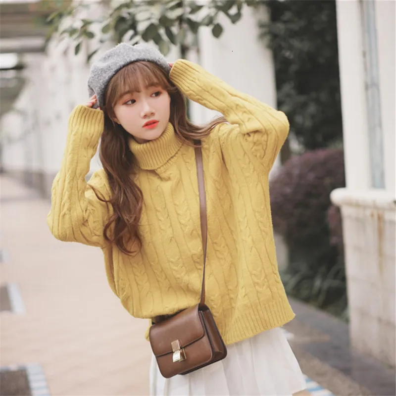 

Solid Twist Thick Turtleneck Loose Long Sleeve Fashion Winter Pull Femme Knitted Sweater Pullover New 2019 Female Women Jumper