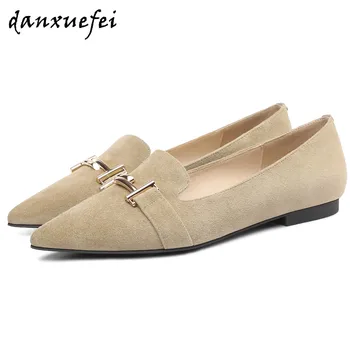 

Women's natural suede leather slip-on flats metal buckle female soft comfortable pointed toe casual footwear high quality shoes
