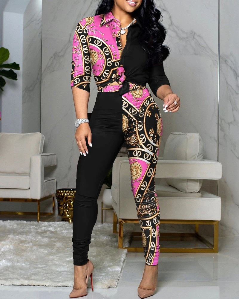 Autumn Women 2 Pieces Vintage Print Patchwork Shirt & Skinny Pants Set 2021 Femme Casual Suit Set dressy pant suits