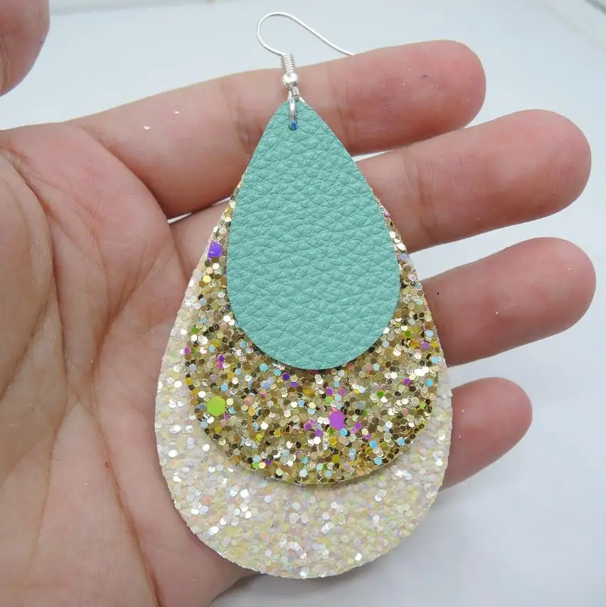 

Bohemia 3 Layers DIY Leather Earrings for Women Teardrop Leaf Sequin Glitter Earrings Fashion Jewelry Earrings Gifts wholesale