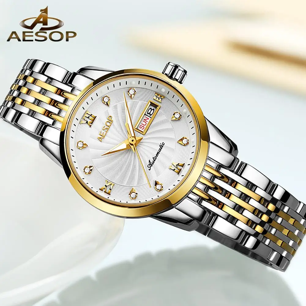 

women's automatic mechanical wristwatch luxury ladies fashion casual trending brand tungsten steel watchband with calendar clock