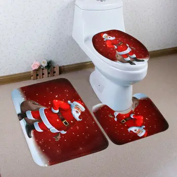 

3 PCS Set Christmas Xmas Decoration Santa Toilet Seat & Cover & Rug Bathroom Mat