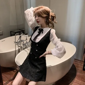 

Women dress Lantern Sleeve Stand Neck Patchwork Slim Very Little Wind Dresses White Black 5151