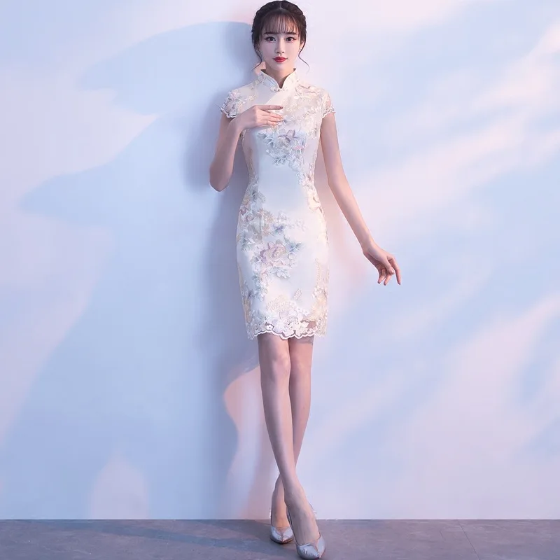 

Chinese Party Vintage Elegant Dress High Quality Improve New Arrival Modern Cheongsam Women Short Sleeve Floral Embroidery Qipao