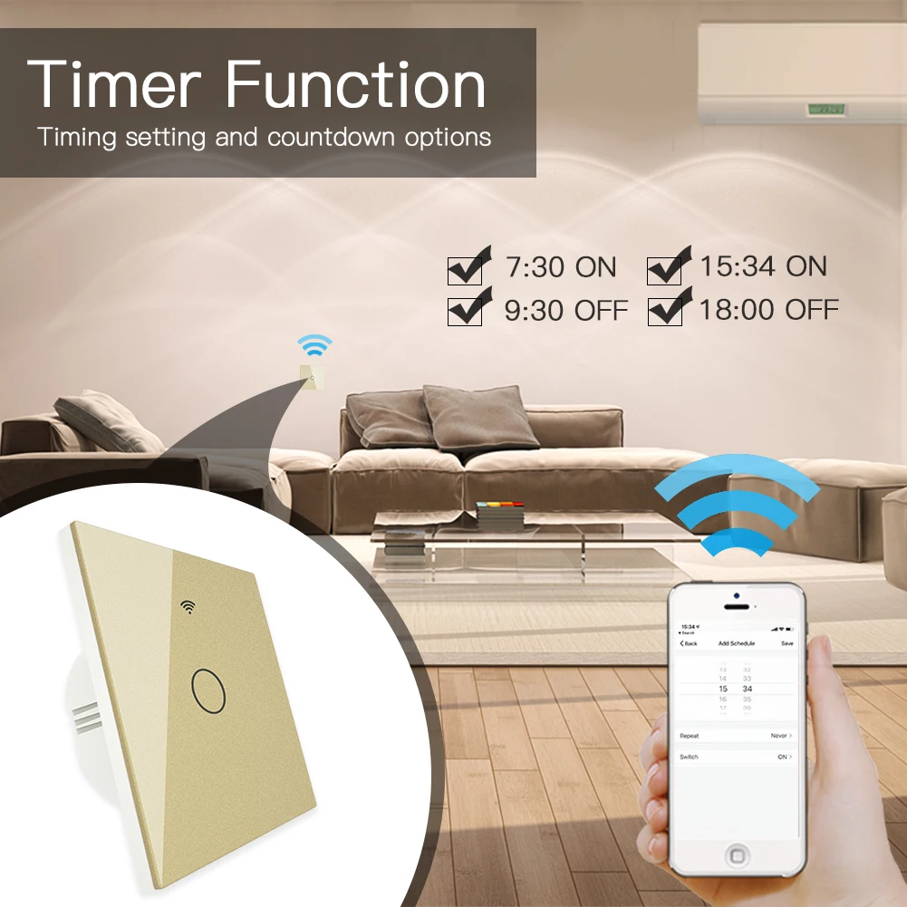 Gold WiFi Smart Light Switch RF433 Wireless Remote Control Glass Panel Light Switch Works With Alexa Echo Google Home 1/2/3 Gang