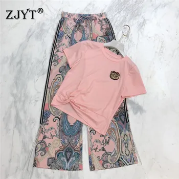 

High Fashion Summer Pants Two Piece Set Women 2020 New Designer Elegant Lady Outfits Beading TShirt+Print Pants Suit